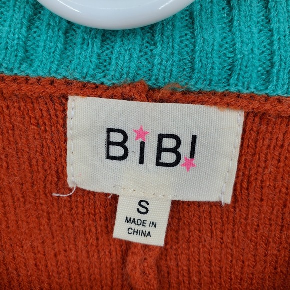 BIBI Colorblock Sweater Orange Pink Teal Crew Neck Long Sleeve Knit Top Size S - Picture 2 of 8